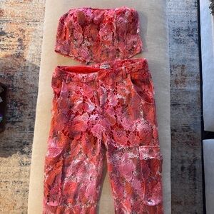 Floral Lace Two-Piece Set in Red and Pink